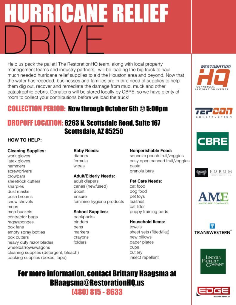 Hurricane Relief Drive flyer with collection details